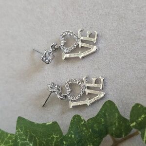 Silver Steel LOVE Dangle Earrings with Rhinestone